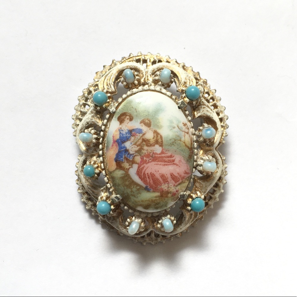 1960s Florenza Brooch Romantic Scene on Porcelain